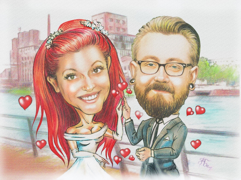 May include: A caricature illustration of a couple in love. The woman is wearing a white wedding dress and has long red hair. The man is wearing a black suit and has a beard. They are surrounded by red hearts.