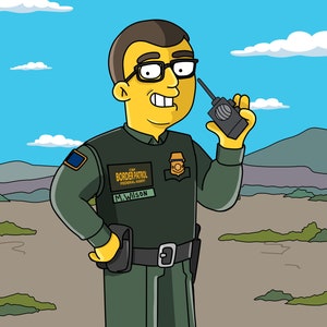 May include: A cartoon illustration of a border patrol agent wearing a green uniform with a badge that says "CBP Border Patrol Federal Agent M. Wilson". The agent is holding a walkie-talkie and has a serious expression on his face.