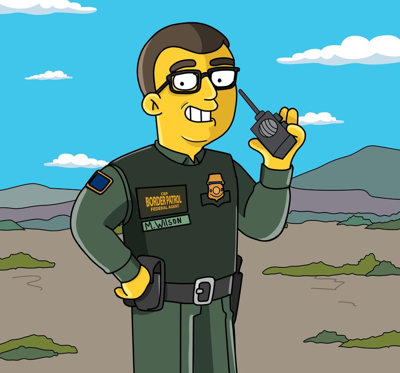 May include: A cartoon illustration of a border patrol agent wearing a green uniform with a badge that says "CBP Border Patrol Federal Agent M. Wilson". The agent is holding a walkie-talkie and has a serious expression on his face.