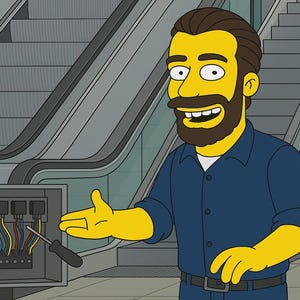 Può includere: Illustrazione di un cartone animato di un uomo con la pelle gialla e la barba marrone, che indossa una camicia blu e guanti gialli. Tiene un cacciavite vicino a un quadro elettrico. Una scala mobile è sullo sfondo.