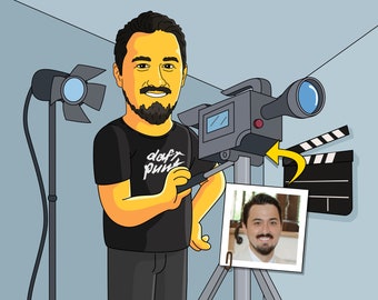 Cadeau filmmaker - Aangepast portret als stripfiguur / cadeau filmmaker / cadeau regisseur / cadeau filmstudent / cadeau videograaf