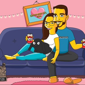 May include: A cartoon illustration of a couple sitting on a blue sofa with a black dog. The man is wearing a blue shirt with the word "NEWWOOD" on it. The woman is wearing a white shirt and blue trousers. They are both holding cans of Duff beer. The background is a pink wall with fairy lights and a framed picture with a heart and the text "SEPTEMBER 1ST, 2016".