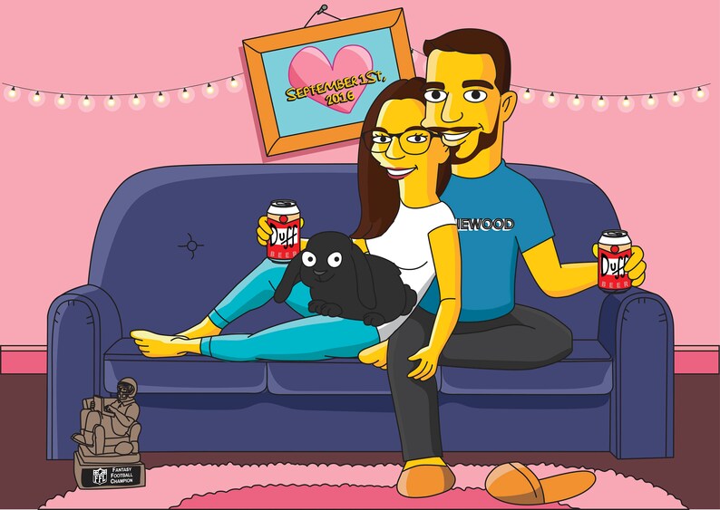 May include: A cartoon illustration of a couple sitting on a blue sofa with a black dog. The man is wearing a blue shirt with the word "NEWWOOD" on it. The woman is wearing a white shirt and blue trousers. They are both holding cans of Duff beer. The background is a pink wall with fairy lights and a framed picture with a heart and the text "SEPTEMBER 1ST, 2016".