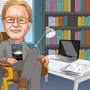 Könnte beinhalten: Eine Cartoon-Illustration eines Mannes, der auf einem braunen Ledersessel sitzt und ein Buch mit dem Titel "Overnight Delivery: A Mark Anderson Thriller" von Raymond Parish hält. Der Mann trägt einen grauen Pullover und Jeans. Hinter ihm befindet sich ein Bücherregal voller Bücher und ein Schreibtisch mit einem Laptop, Papieren und einer Lampe.