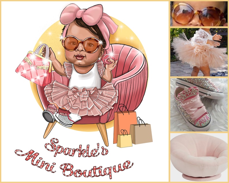 K&ouml;nnte beinhalten: Eine Cartoon-Illustration eines jungen M&auml;dchens, das ein rosa Tutu, eine Sonnenbrille und eine rosa Schleife im Haar tr&auml;gt. Sie sitzt in einem rosa Sessel und h&auml;lt eine rosa Handtasche. Der Text "Sparkle's Mini Boutique" steht unter dem Bild.