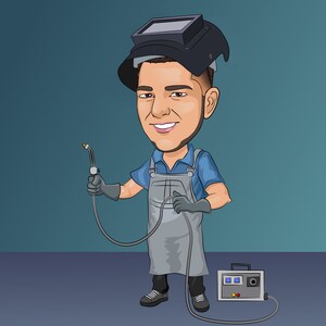 May include: A cartoon illustration of a welder wearing a blue shirt, gray overalls, and a welding mask. The welder is holding a welding torch and a welding machine is on the floor.