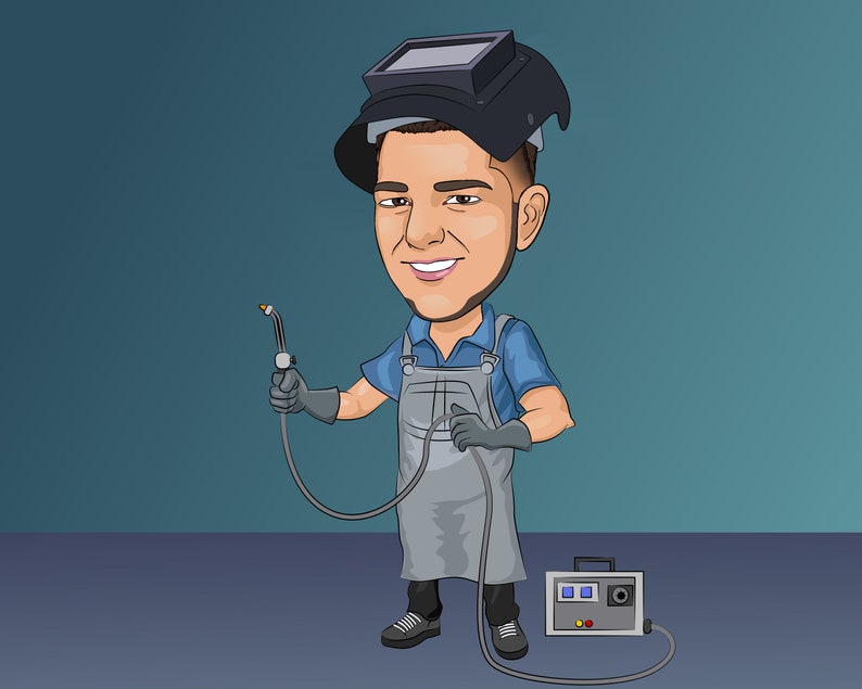 May include: A cartoon illustration of a welder wearing a blue shirt, gray overalls, and a welding mask. The welder is holding a welding torch and a welding machine is on the floor.