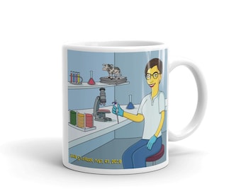 Lab tech coffee mug with custom portrait as yellow cartoon character, Lab technician mug, Medical laboratory or scientist mug, lab tech mug