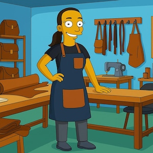 May include: Cartoon image of a leather workshop. A woman in a blue apron stands near a wooden table. Shelves display leather bags and rolls of leather. A sewing machine and leather tools are also visible, suggesting a leathercraft theme.