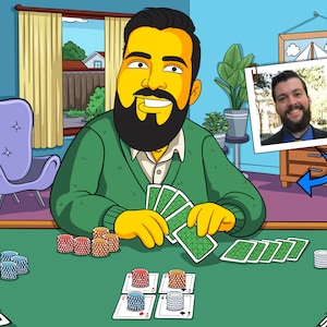May include: A cartoon illustration of a person sitting at a green felt table playing cards. The person has a yellow face, a green sweater, and a beard. There are chips and cards on the table. A smaller picture of a person is in the background.