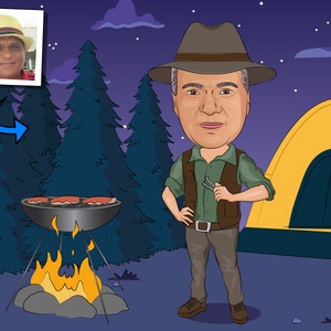 Camping Lover Gift - Custom Caricature Portrait From Your Photo, happy camper art