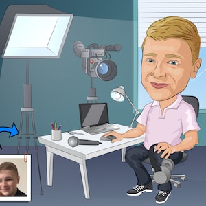 May include: A cartoon illustration of a person sitting at a desk in front of a computer, a microphone, and a camera. The person is wearing a pink shirt and headphones. The desk is in a room with a window and a light.