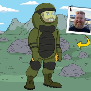 Puede incluir: Una ilustración de dibujos animados de una persona con un traje de bomba verde de pie en un campo verde con rocas. La persona tiene barba y sonríe.
