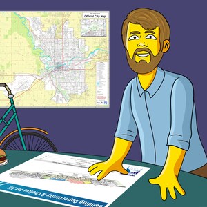 May include: A yellow cartoon character with a blue shirt stands at a table with a map and a burger. The map is titled "Official City Map" and the table has a document that reads "Building Opportunity & Careers for All".