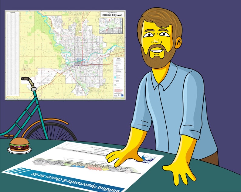 May include: A yellow cartoon character with a blue shirt stands at a table with a map and a burger. The map is titled "Official City Map" and the table has a document that reads "Building Opportunity & Careers for All".