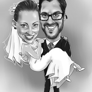 K&ouml;nnte beinhalten: Eine Schwarzwei&szlig;-Karikatur eines Paares, das heiratet. Der Br&auml;utigam tr&auml;gt die Braut in seinen Armen. Die Braut tr&auml;gt ein wei&szlig;es Hochzeitskleid und einen Schleier. Der Br&auml;utigam tr&auml;gt einen Anzug und eine Krawatte.