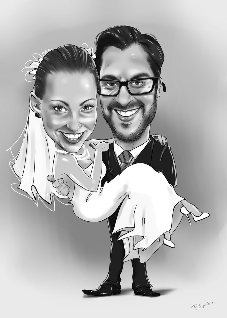 K&ouml;nnte beinhalten: Eine Schwarzwei&szlig;-Karikatur eines Paares, das heiratet. Der Br&auml;utigam tr&auml;gt die Braut in seinen Armen. Die Braut tr&auml;gt ein wei&szlig;es Hochzeitskleid und einen Schleier. Der Br&auml;utigam tr&auml;gt einen Anzug und eine Krawatte.