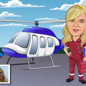 Regalo de enfermera de vuelo: retrato de caricatura personalizado a partir de su foto / médico de vuelo / paramédico de vuelo
