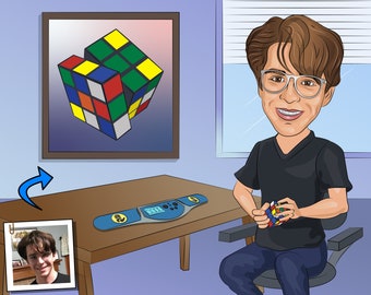 Aangepaste Rubik's Cube minnaar karikatuurportret van foto (digitaal bestand)