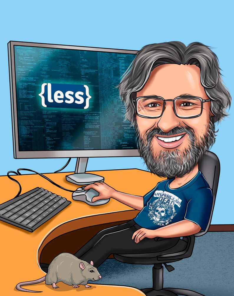 Peut inclure: Une illustration de dessin anim&eacute; d'un homme avec une barbe grise assis sur une chaise devant un ordinateur. L'&eacute;cran de l'ordinateur affiche le mot "{less}" en texte bleu. L'homme porte un t-shirt bleu avec un motif de cr&acirc;ne et d'os crois&eacute;s et les mots "Grateful Dead" imprim&eacute;s dessus. Un rat gris est assis sur le sol devant l'homme.