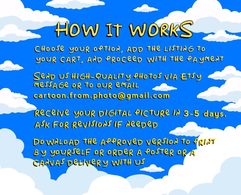 May include: A blue sky with white clouds and yellow text explaining how to order a custom cartoon portrait. The text says "HOW IT WORKS", "Choose your option, add the listing to your cart, and proceed with the payment", "Send us high-quality photos via Etsy message or to our email cartoon.from.photo@gmail.com", "Receive your digital picture in 3-5 days, ask for revisions if needed", "Download the approved version to print by yourself or order a poster or a canvas delivery with us."