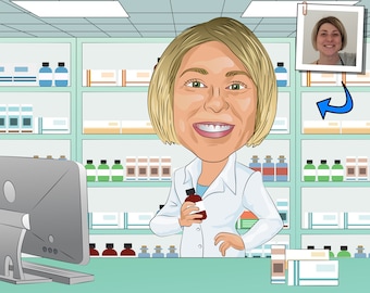 Pharmacist Gift - Custom Caricature Portrait From Your Photo / Pharmacy technician