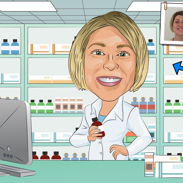 Regalo para farmacéutico: retrato de caricatura personalizado a partir de su foto / Técnico de farmacia