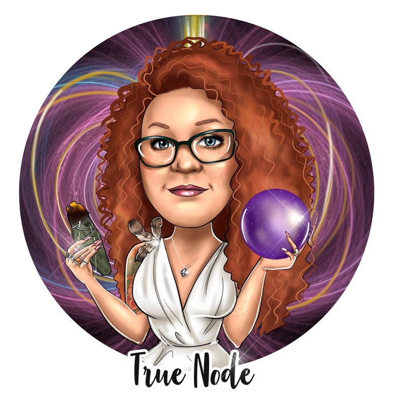 Puede incluir: Una ilustraci&oacute;n digital de una mujer con cabello rojo rizado que lleva gafas y un vestido blanco. Ella sostiene una bola de cristal p&uacute;rpura en una mano y un objeto marr&oacute;n y blanco en la otra. El fondo es un dise&ntilde;o de remolino p&uacute;rpura y dorado con el texto "True Node".
