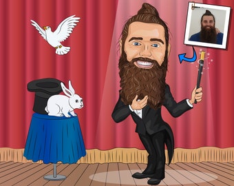 Magician Gift - Custom Caricature Portrait From Your Photo / illusionist gift