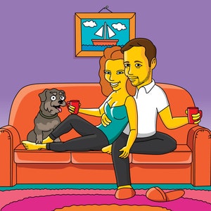 May include: A couple sits on an orange couch with a gray dog. The woman is wearing a teal tank top and the man is wearing a white shirt. They are both holding red mugs. The couch is in front of a purple wall with a picture frame on it.