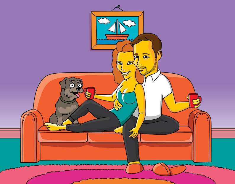 May include: A couple sits on an orange couch with a gray dog. The woman is wearing a teal tank top and the man is wearing a white shirt. They are both holding red mugs. The couch is in front of a purple wall with a picture frame on it.