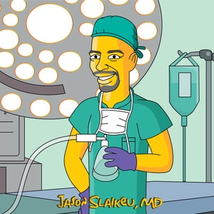 May include: A cartoon illustration of a doctor wearing a green surgical scrub top and a blue surgical cap. The doctor is holding a breathing mask and a tube. The doctor is standing in an operating room with a surgical light above and an IV bag hanging in the background. The text "Jason Slaikeu, MD" is written below the doctor.