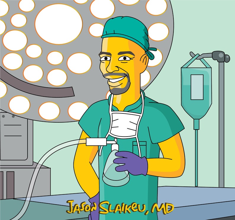 May include: A cartoon illustration of a doctor wearing a green surgical scrub top and a blue surgical cap. The doctor is holding a breathing mask and a tube. The doctor is standing in an operating room with a surgical light above and an IV bag hanging in the background. The text "Jason Slaikeu, MD" is written below the doctor.