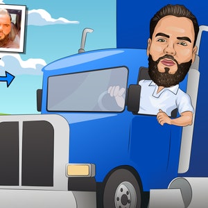 Truck Driver Gift - Custom Caricature Portrait From Your Photo / semi truck driver