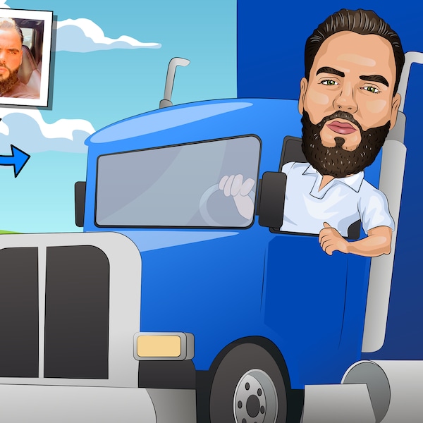 Truck Driver Gift - Custom Caricature Portrait From Your Photo / semi truck driver