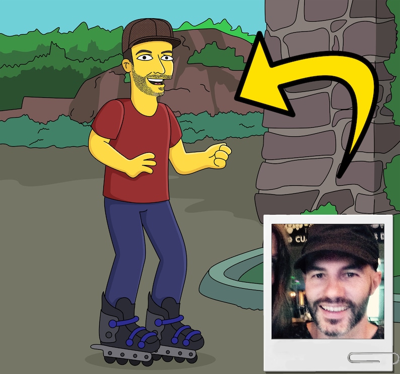 May include: A cartoon illustration of a person wearing a red shirt, blue jeans, and a brown baseball cap, rollerblading outdoors. The person is smiling and has a yellow skin tone. A photo of a person wearing a black baseball cap is in the background.