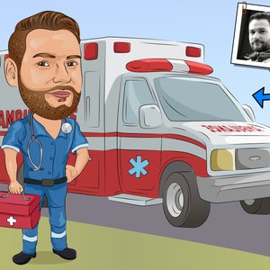 Cadeau pour ambulancier paramédical - Portrait caricaturé personnalisé à partir de votre photo