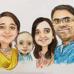 May include: A caricature drawing of a family of four. The parents are wearing casual clothing, while the child is wearing a blue shirt. The family is smiling and appears to be happy.
