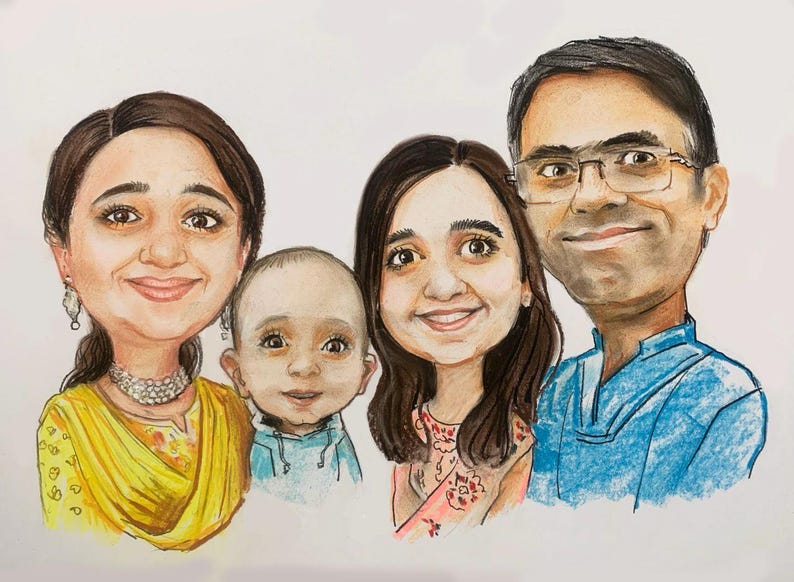 May include: A caricature drawing of a family of four. The parents are wearing casual clothing, while the child is wearing a blue shirt. The family is smiling and appears to be happy.