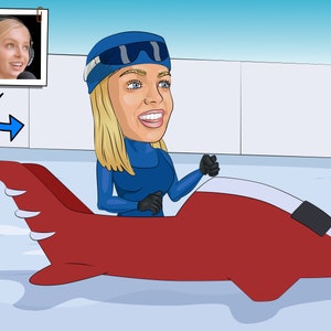 Puede incluir: Una ilustración de dibujos animados de una mujer con un casco azul y un mono azul, conduciendo un trineo rojo con forma de avión en una pista de nieve.