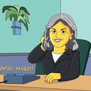 May include: Cartoon illustration of a woman with yellow skin and gray hair, wearing a black blazer and white shirt, talking on a phone. The name "APRIL HARRIS" is written in yellow text. A blue keyboard sits on a wooden desk.