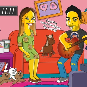May include: A cartoon illustration of a couple celebrating their 2 year anniversary. The woman is wearing a green dress with sunflowers and the man is playing a guitar. The text "Happy 2 year Anniversary My Love!!!" is written in the background.