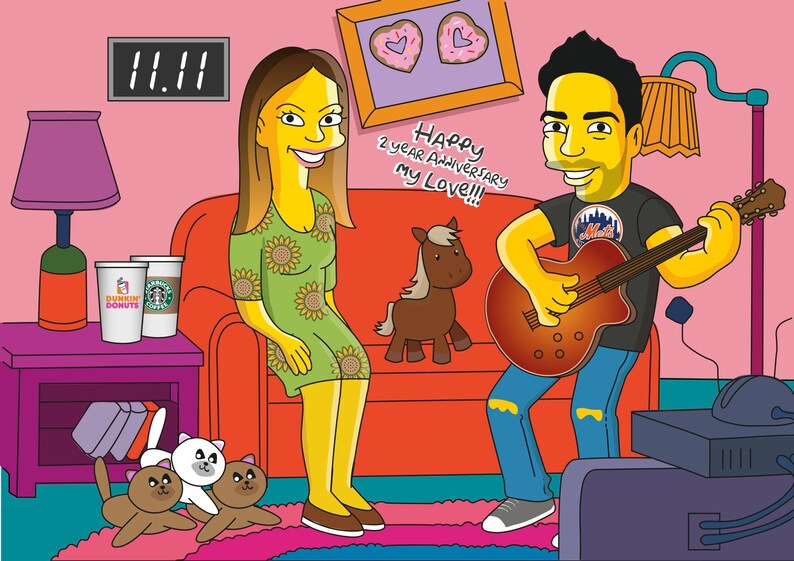 May include: A cartoon illustration of a couple celebrating their 2 year anniversary. The woman is wearing a green dress with sunflowers and the man is playing a guitar. The text "Happy 2 year Anniversary My Love!!!" is written in the background.