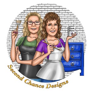 May include: Two women, one holding a paintbrush and the other holding a can of chalk paint, stand in front of a brick wall. The woman on the left is wearing a green shirt and a black apron. The woman on the right is wearing a purple shirt and a white apron. The text "Second Chance Designs" is written in a gold arc below the women.