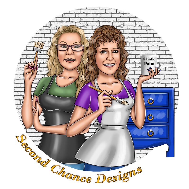 May include: Two women, one holding a paintbrush and the other holding a can of chalk paint, stand in front of a brick wall. The woman on the left is wearing a green shirt and a black apron. The woman on the right is wearing a purple shirt and a white apron. The text "Second Chance Designs" is written in a gold arc below the women.