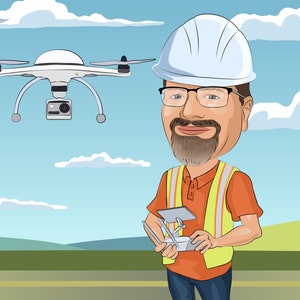 May include: Cartoon illustration of a person operating a drone. The person wears glasses, a white hard hat, an orange shirt, and a yellow safety vest. A white drone with a camera hovers in the sky above.