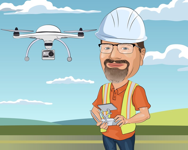 May include: Cartoon illustration of a person operating a drone. The person wears glasses, a white hard hat, an orange shirt, and a yellow safety vest. A white drone with a camera hovers in the sky above.