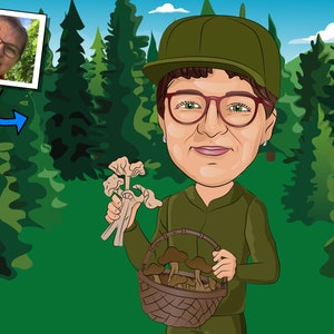 Mycologist Gift - Custom Caricature Portrait From Your Photo / mycology gift / forager gift