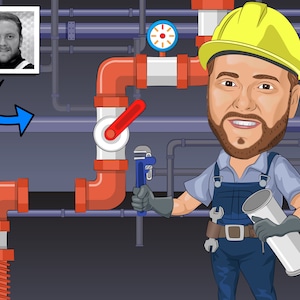 Op de afbeelding: Een cartoonillustratie van een loodgieter die een gele helm en een blauwe overall draagt. Hij houdt een moersleutel en een pijp vast. De achtergrond toont een reeks pijpen en een klep.