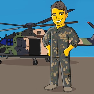May include: Cartoon illustration of a person in a camouflage jumpsuit standing in front of a military helicopter. The helicopter has a camouflage pattern with green, brown, and tan colors. The background is a clear blue sky.